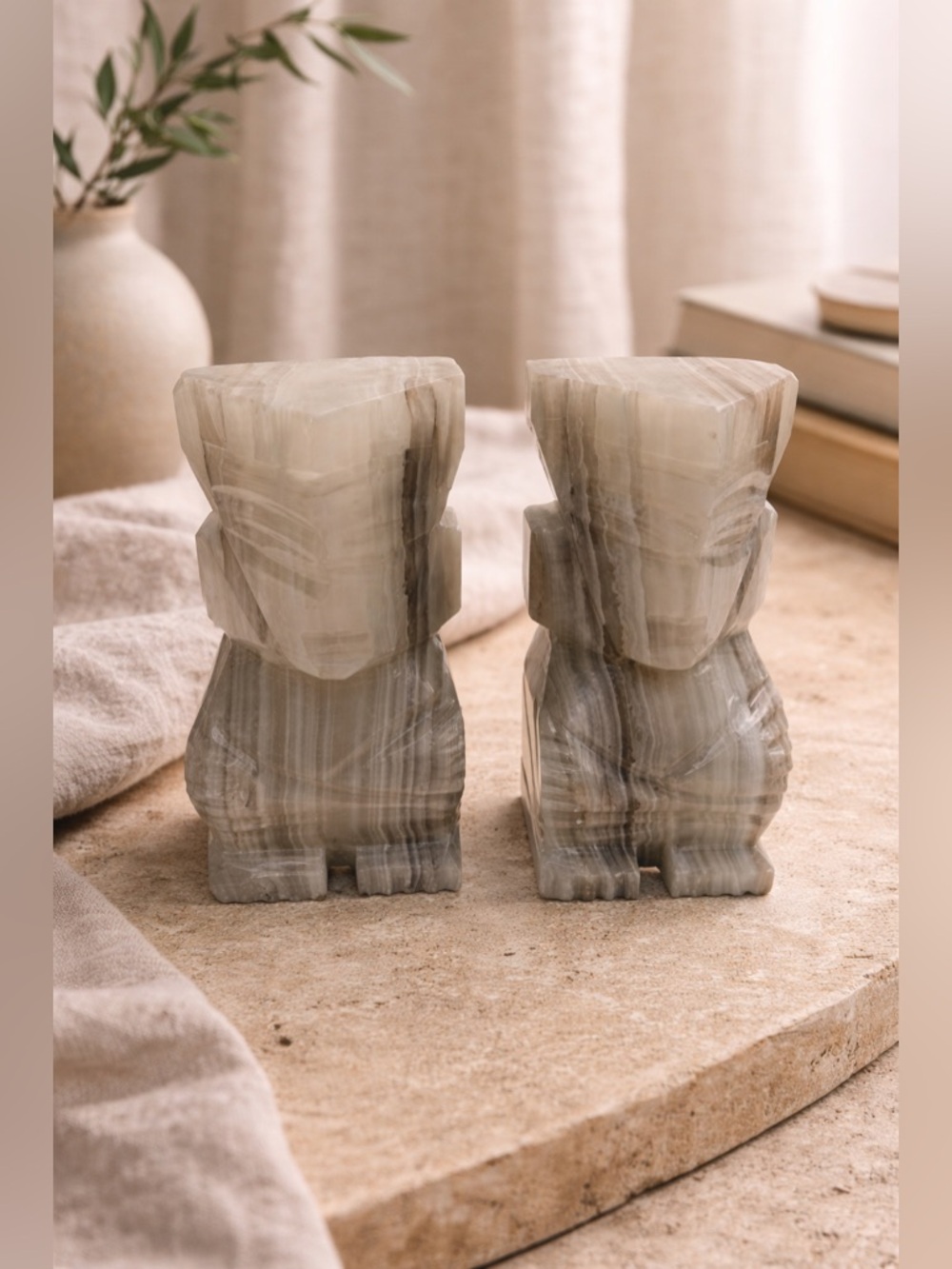 Vintage Carved Onyx Stone Bookends • Sculptural Banded Onyx Art Deco / MCM Decor